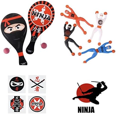 72 Awesome Ninja Birthday Party Favors - 12 Paddleball Games - 12 Sticky Wall Crawlers 12 Stickers & 36 Tattoos - Parties Goodies PRIZES Toys Martial Arts Judo Karate