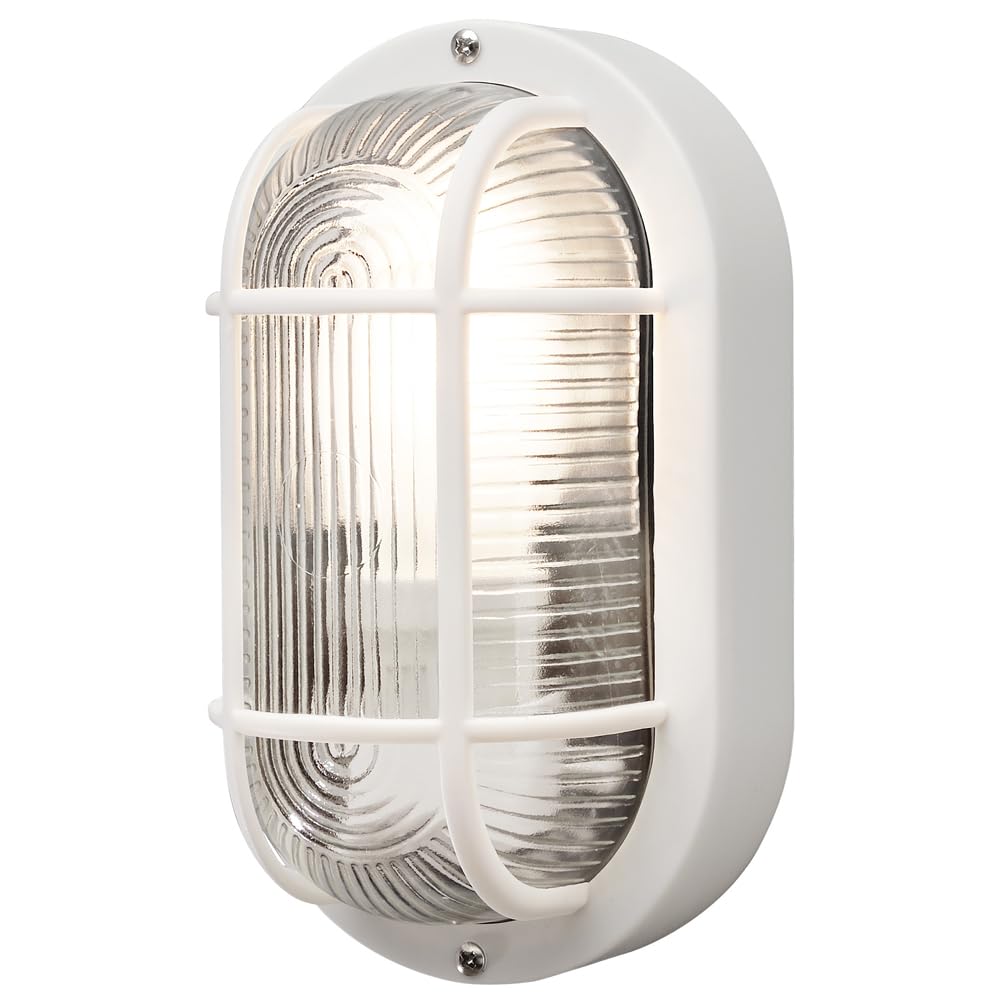 Konstsmide 7650-200 Elmas Bulk Head Outdoor Wall Light Mains Powered / W: 12cm D: 10.5cm H: 20cm / 1 x 40 W E27 Max Wall Lamp / Clear Ribbed Glass / Plastic / IP44 / Outside Light White