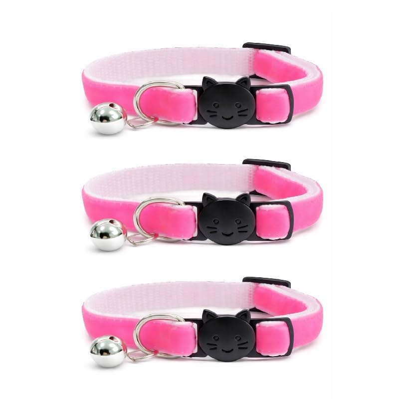 Velvet Cat Collars with Bell. Safe Breakaway Quick Release Buckle. Available in Cat & Kitten Size (Pack of 3) (Cat Collar (20cm - 30cm), Neon Pink Velvet (Pack of 3))