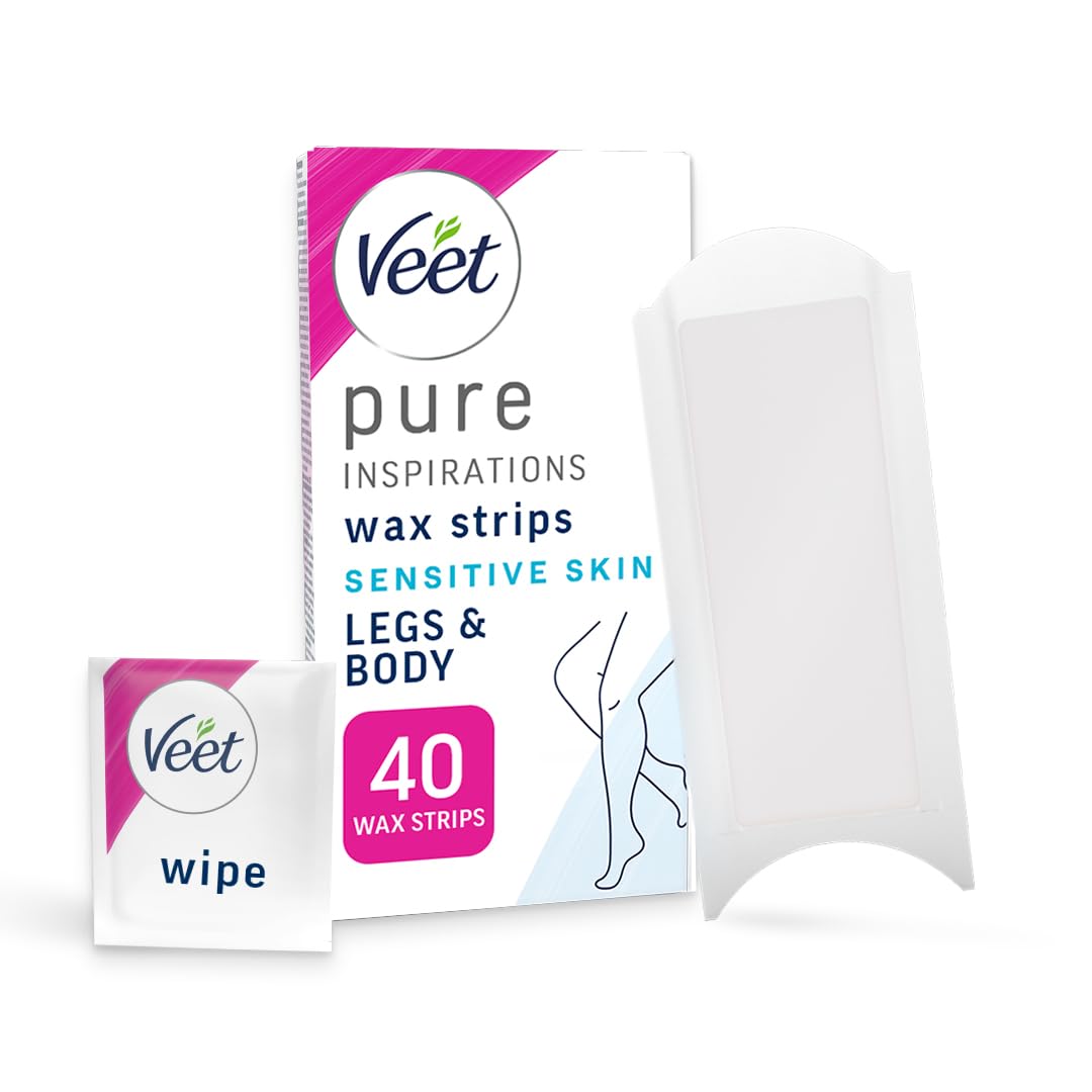 Veet Pure Cold Wax for Legs & Body, Sensitive Skin, 40 Strips + 4 Wipes, Root Hair Removal, 28 Days Smoothness, Hypoallergenic Formula, Packaging May Vary