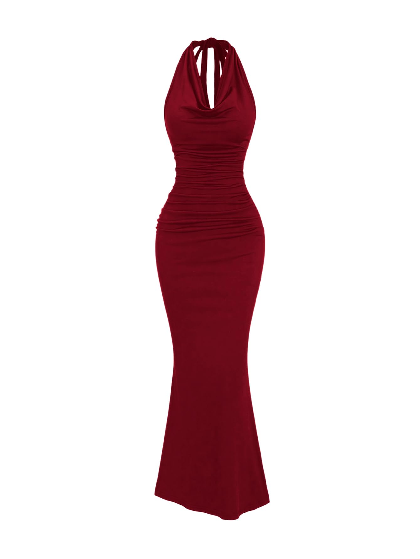 Photo 1 of GORGLITTER Women's Halter Tie Maxi Dresses Elegant Classy Backless Cowl Neck Evening Gowns Formal Cocktail Ruched Dress Red Small