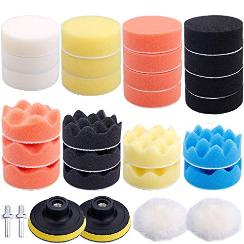 Augshy 31 Pcs Car Foam Drill Polishing Pad Kit, 3 Inch Buffing Pads,Sponge Set Kit M10 Drill Adapter Car Polisher
