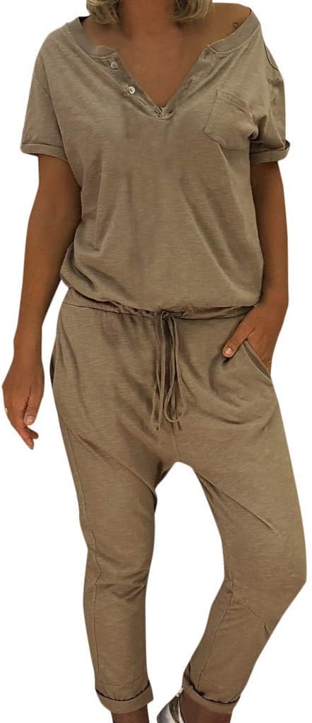 V-Neck Jumpsuit Loose Long Pants Plus Size Casual Rompers Playsuit with Pockets