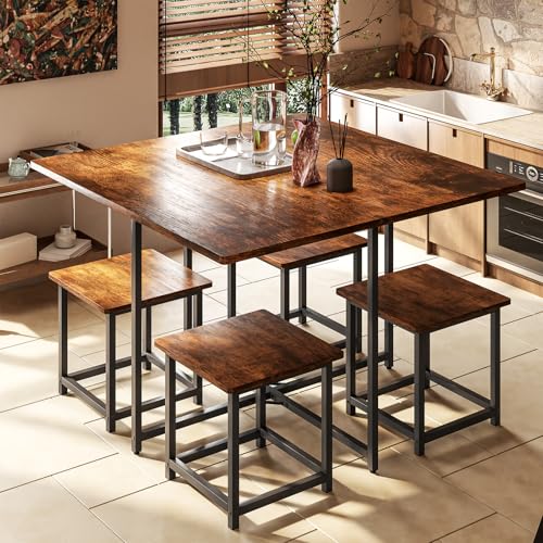 Comedor 4 Personas Mesa 80x80 cm con 4 Taburetes Negro Vintage | Juego de comedor compacto para 4 personas, ideal para departamentos, cocinas pequeñas y espacios modernos.