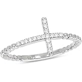 1/10cttw Diamond Cross Ring for Women, Cross Ring with Beaded Style Detail in 14k Yellow Gold-Plated, 18k Rose Gold-Plated or 925 Sterling Silver, Women's Horizontal Cross with Round White Diamonds