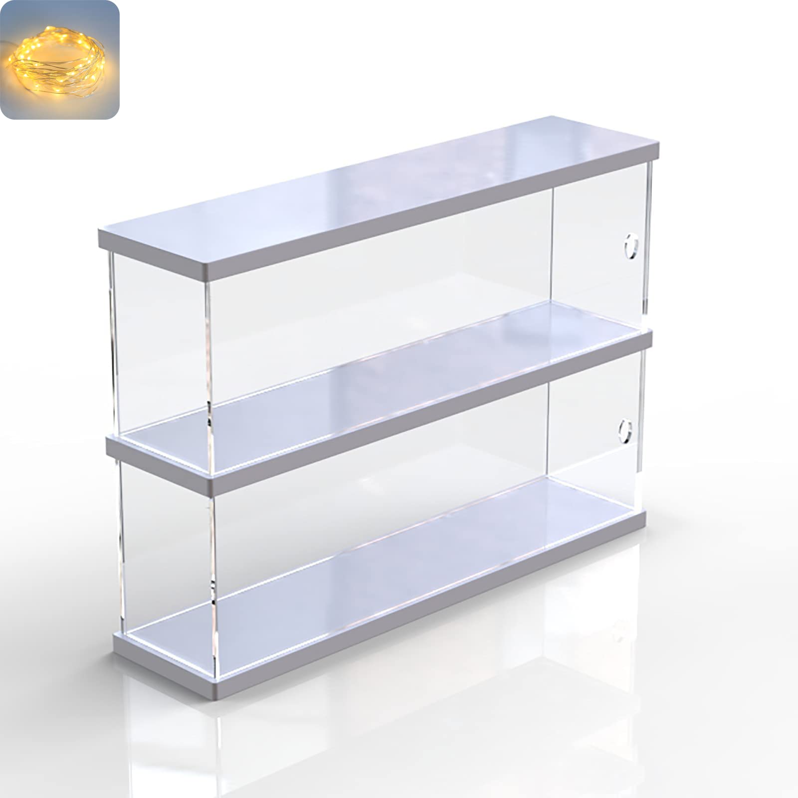 Nynelly 2 Layer Clear Acrylic Display Case with Door - Display Shelf for Models, Figures, Funko Pop, Pop Mart, Labubu, Sonny Angel, Smiski - Assemble Dustproof Display Box (40x10x27 cm, White)
