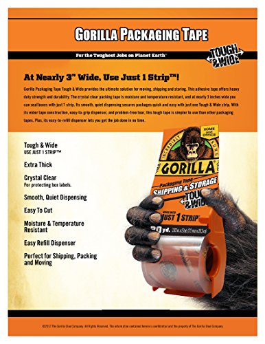 Gorilla 6020010 Packing Tape Tough & Wide Multipack with Dispenser, 2.83" x 20 Yd. , Clear, 6 Piece