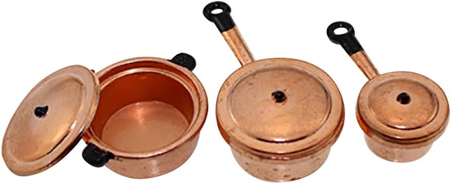 rycnet 3Pcs Mini Miniature Dollhouse Furniture Cookware Pots Saucepan Kitchen Tools - Copper + Black