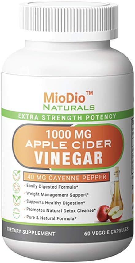 MioDio Naturals 1000 MG Apple Cider Vinegar Veggie Capsules - Extra Strength - Digestion & Detox Support - Natural Formula - Vegan - Non-GMO - Contains The Mother