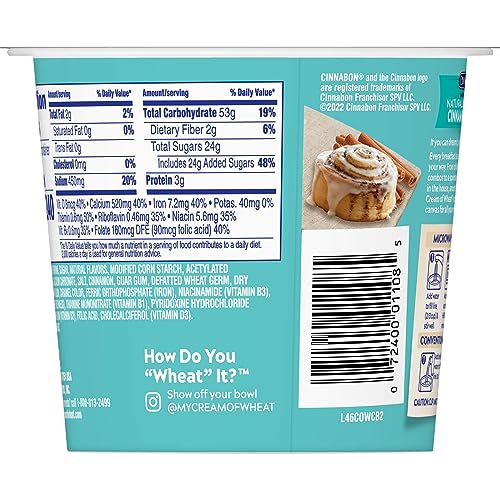 CREAM OF WHEAT INSTANT HOT CEREAL TO-GO CUPS, CINNABON, 2.29 OUNCE