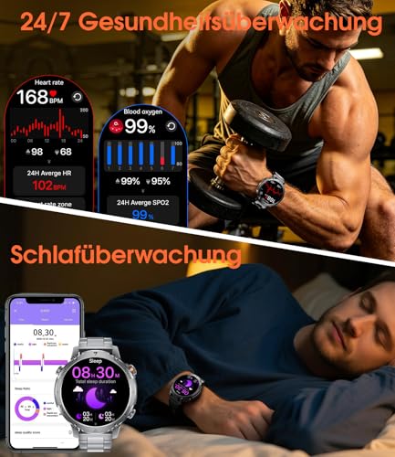 1400 mAh Battery Smartwatch Men, 1.7 HD Military Smart Watch with Phone Function, 110+ Sports Modes, IP68 Fitness Watch, Heart Rate/Sleep Monitor, LED Torch, Sports Watch for Android iOS, Grey Black