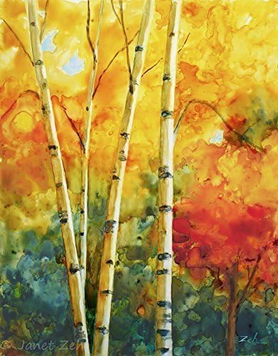 Golden Birch Tree Painting Original Watercolor on Unframed 11x14 Yupo Paper by Janet Zeh