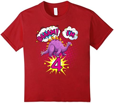 unisex-child 4th Birthday T-shirt For Girl, Dino Dinosaur Baam I'm Four 4 Cranberry