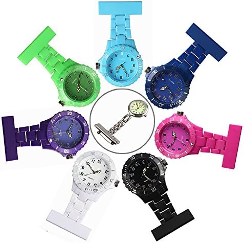 Plastic Nurses Lapel Watch Clip-on Fob Brooch Hanging Pocket Watch for Man and Women Black/White/Purple/Green/Blue/Navy/Pink (Pack of 7) Good for Man and Women