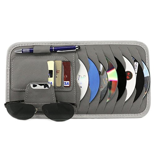 SunTrade Car Universal Sun Visor Organizer Pocket Storage Pouch,CD Sunglasses Visor Organizer,PU Leather (Style 1, Gray)