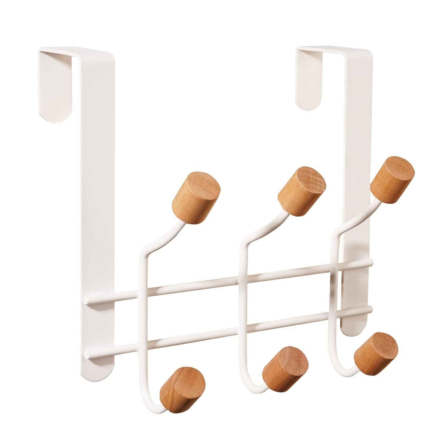 HYMIKO Over The Door Hooks, Sturdy Metal Organizer Rack With 6 Wooden Hooks for Hanging Coats, Hats, Robes, Towels - Bathroom Bedroom Door Hangers - White