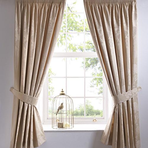 Vantona Rose Damask Floral Lined Pencil Pleat Curtains with Tiebacks, Gold - 66" x 72"