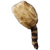 homeemoh Faux Fur Raccoon Tail Hat for Women Men, Faux Coonskin Cap with Tail Flat Top Winter Hat
