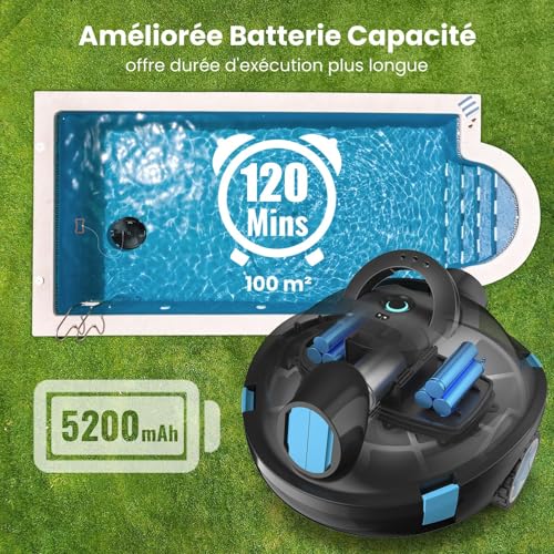 Robot Piscine, Robot Piscine sans Fil Y10 | Aspirateur Automatique et Puissant, 120 Minutes d'Autonomie & Auto-Stationnement, Conçu pour Bassins Enterrés et Piscines à Fond Plat jusqu'à 100 m²(Noir)