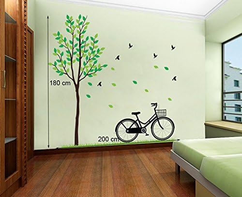 Newdecor Home Decor Mural Vinyl Wall Sticker Bicycle under the Green Tree Birds Kids Nursery Room Wall Art Decal Paper