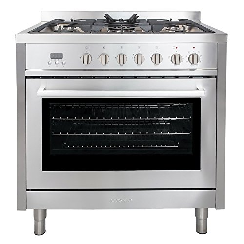 Cosmo F965 36-Inches Dual Fuel Gas Range with 3.8 cu. ft. Oven, 5 Burners, Convection Fan, Cast Iron Grates and Black Porcelain Oven Interior in Stainless Steel