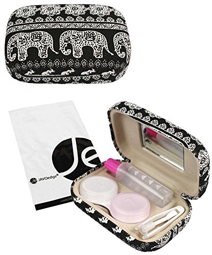 JAVOedge Black Elephant Print Contact Lens Carrying Case Travel Kit with Mirror, Tweezers, and Solution Bottle (Best Contact Solution For Acuvue Oasys)