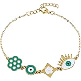 Silvershake SueBue Evil Eye and Flower Bracelet Adjustable 7.5 to 8.5 Inch in Green and White Enamel 18K Yellow Gold Plated Stainless Steel Jewelry for Women