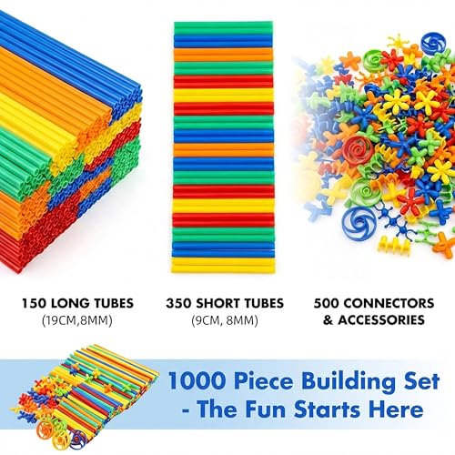 1000 Pieces Construction Straws and Connectors Toys, Fort Building Toys for Kids, STEM Creative Building Games for Boys and Girls Ages 4 5 6 7 8 Years Old