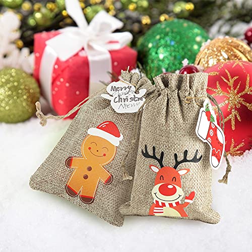 HANSGO Christmas Jute Burlap Bags, 16PCS Small Craft Bags Gift Treat Candy Bags Reusable Burlap Bags with Drawstring for Xmas Party Favor Wedding Supplies
