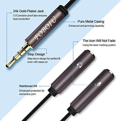 Headphone Splitter Adapter, FOBOIU Headset Splitter Separate Headphones and Mic Jack, 3.5mm Splitter Plug Compatible for PS4, Xbox One, Laptops, PC Gaming Headset, Tablet, Smartphone - Thumbnail 2
