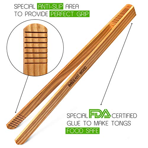 Mr.Art Wood Long Wooden BBQ Tongs (Pack of 2), 11,8" Generous Length, Best for Grilled Meat, Steaks, Fruits, Vegetables or Bread & Toaster at Kitchen, 100% Natural Ash Wood
