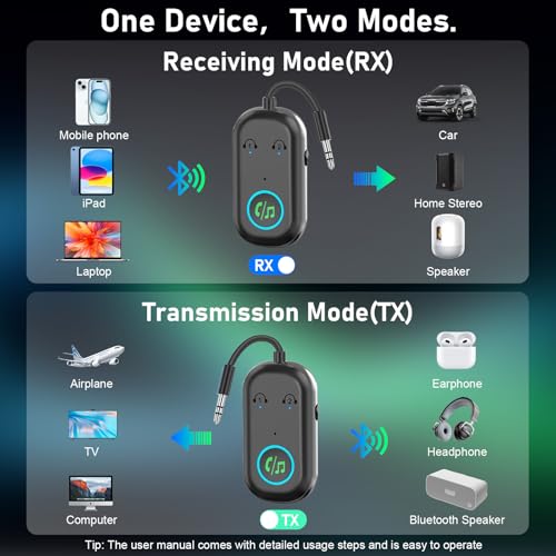 Dalimee Bluetooth Transmitter Adapter for Airplane, Bluetooth Receiver for Headphones, Dual Pairing, Stable Connection, Aux Bluetooth Transmitter Receiver for TV, Headphones, Air fly, Car, Airplane