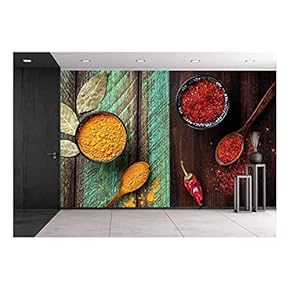 Chili, Paprika, Turmeric and Bay Leaves on Wooden Green and Brown Background - Removable Wall Mural | Self-Adhesive Large Wallpaper - 66x96 inches