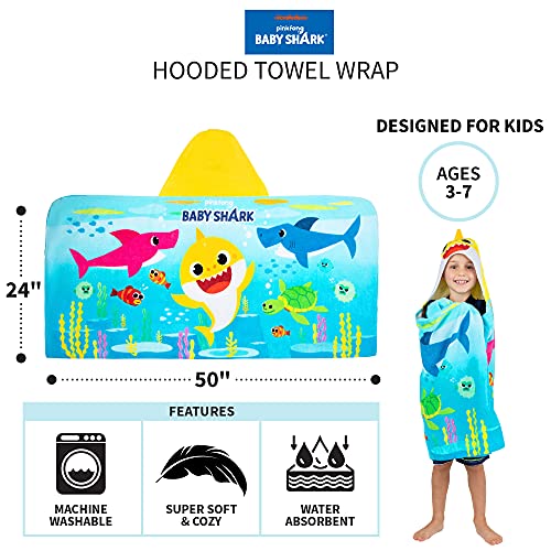 Baby Shark Bath/Pool/Beach Soft Cotton Terry Hooded Towel Wrap, 24 in x