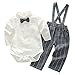Toddler Infant Boy Grid Rompers Suit Set Long Sleeve Formal Wear with Bowtie Suspender Wedding Clothes White/Grey for 9-12 Months