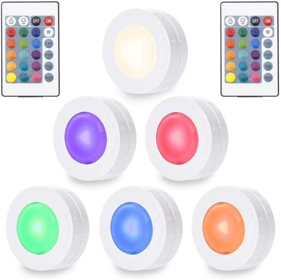 SOLLED Wireless LED Puck Lights, RGB Color Changing Kitchen Under Cabinet Lighting with Remote Control, Battery Powered Dimmable Closet Lights, 4000K Natural Light-6 Pack