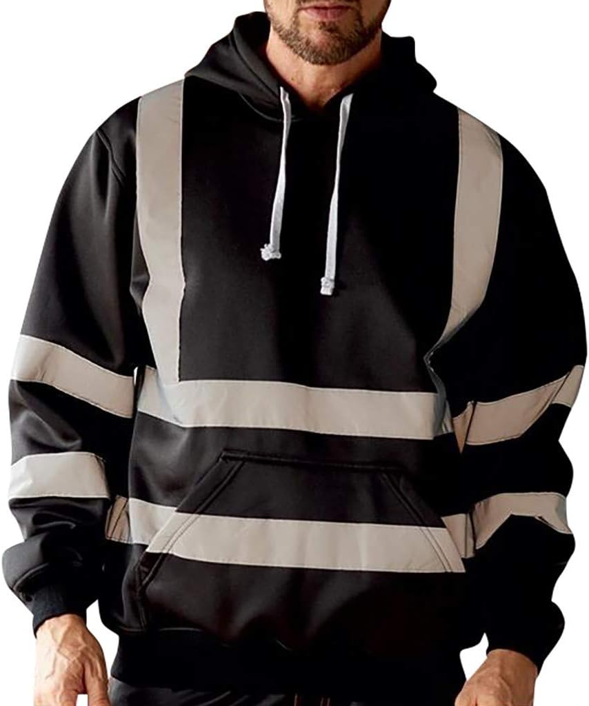 VEZAD Store Mens Visibility Hoodie Road Work High Pullover Reflective Strip Sweatshirt Coat