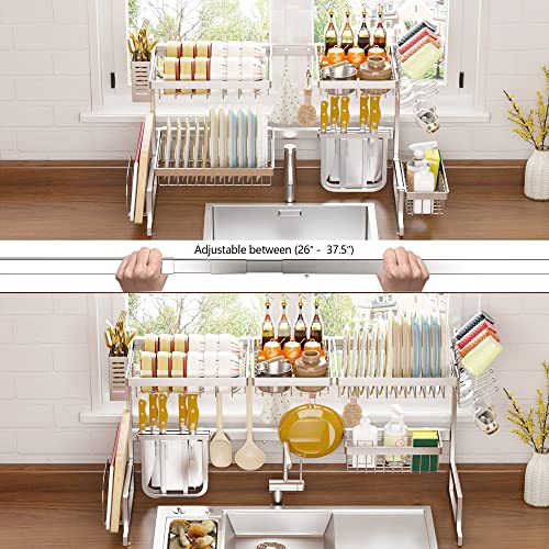 PUSDON Dish Drying Rack Over Sink (26"38"), Adjustable Large Dish Drainer for Kitchen Storage