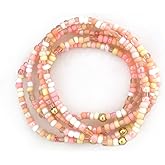 SHINUS BOHO Cute Pink Beaded Bracelet Stack for Women,Bohemian Stretch Pink White Beads Stackable Bracelets Set Summer Beach Fashion Holiday Jewelry Accessories Gift Friendship