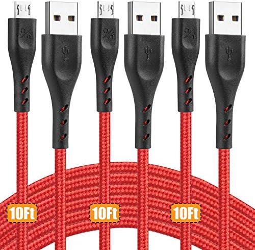 CyvenSmart Micro USB Charging Cable 10ft 2.4 A, 3 Pack Android Phone Fast Charger Cord with Extra Long Length Nylon Braided for Samsung Galaxy S7 Edge/S7/S6 Edge/S6, Note 5/4/2 (Red)