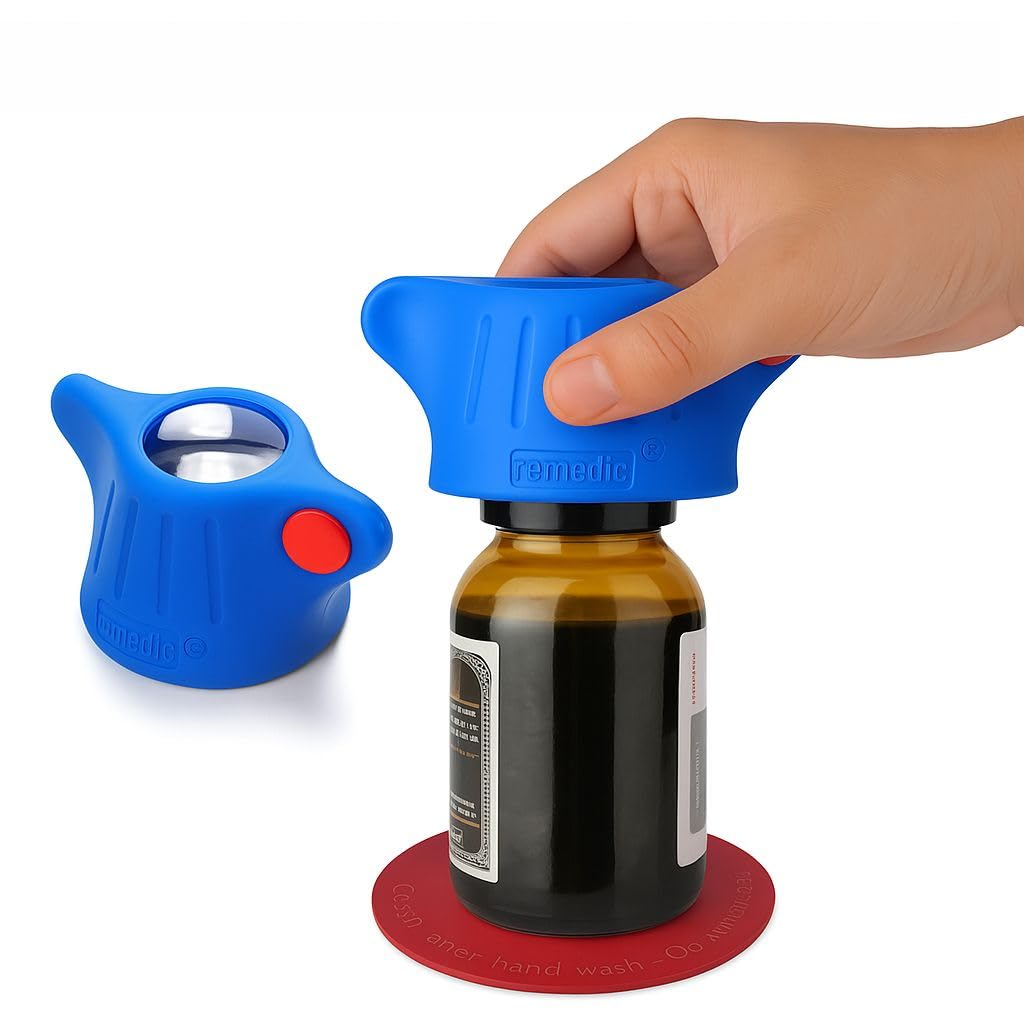 Remedic One-Hand Pill Bottle Opener with Non-Slip Mat – Easy Open Medicine Bottles for Weak Hands & Arthritis – Magnifier & LED Light for Clear Labels – Easy Grip Daily Living Aid
