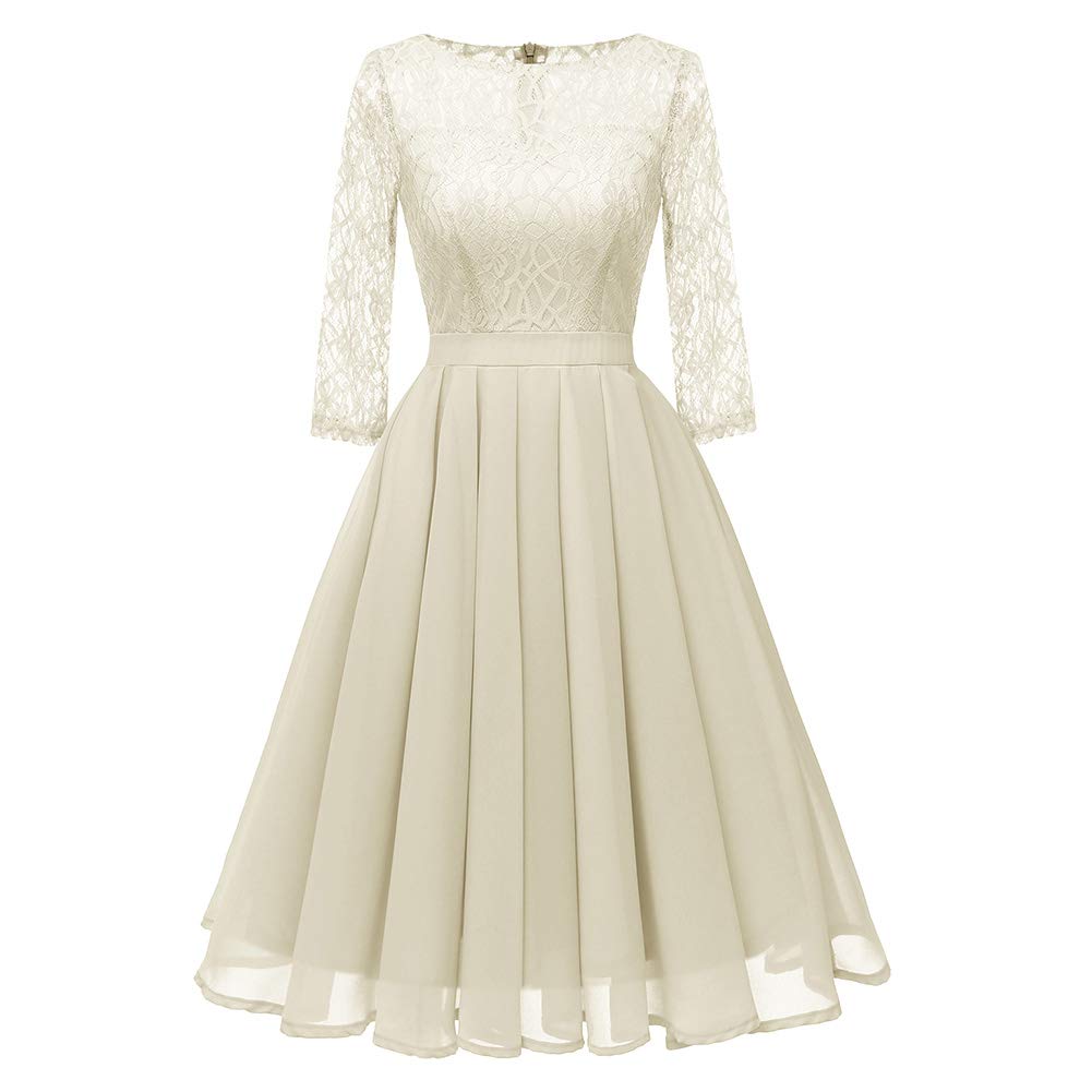 Buy Mymei Women S Lace Chiffon Patchwork Dress Long Sleeve One Piece Dress Beige At Amazon In