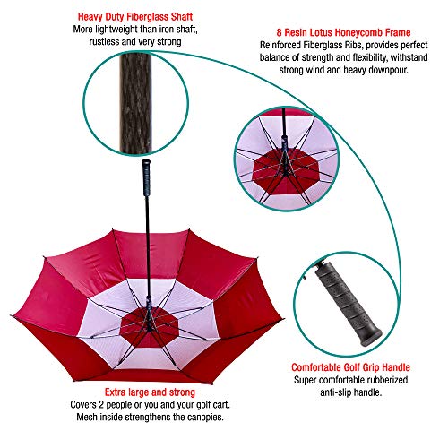 Procella Golf Umbrella Windproof Waterproof - 62 Inch Large Automatic Open Rain & Wind Resistant Vented Double Canopy - Best Golf-Sized Stick Umbrellas for Men and Women (Maroon)