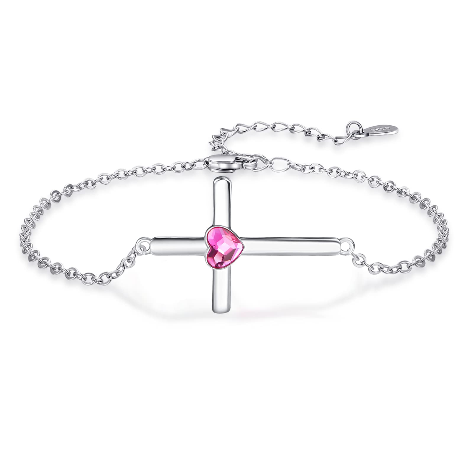 KINGWHYTE Women Cross Bracelet 925 Sterling Silver Crucifix Heart Zirconia Adjustable Bracelet Christian Jewelry Classic Baptism Gift for Women