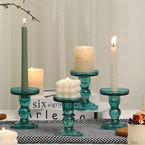 Set of 4 Glass Candle Holder Set Clear, Green Candlesticks Holders Pillar Taper Candles Tealight Stand for Wedding Centerpieces Home Decorations Dining Table