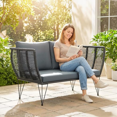 Outsunny 2 Seater Outdoor Sofa, PE Wicker Patio Outdoor Couch with Cushions, 660 LBS Capacity Small Patio Furniture Loveseat with Galvanized Steel Frame for Garden, Light Grey
