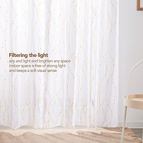 Deconovo Gold Printed Sheer Curtains 84 Inch Length 2 Panels Set, Voile