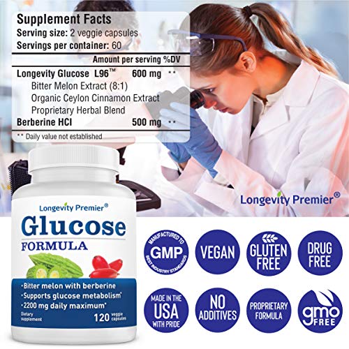 Longevity Glucose Formula with Bitter Melon 600mg and Berberine 500mg for Blood Sugar Support. Best Blood Sugar Formula