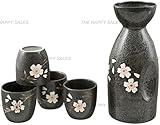 Happy Sales HSSS-WPB20, Black Porcelain Sake set Pink Blossom Design