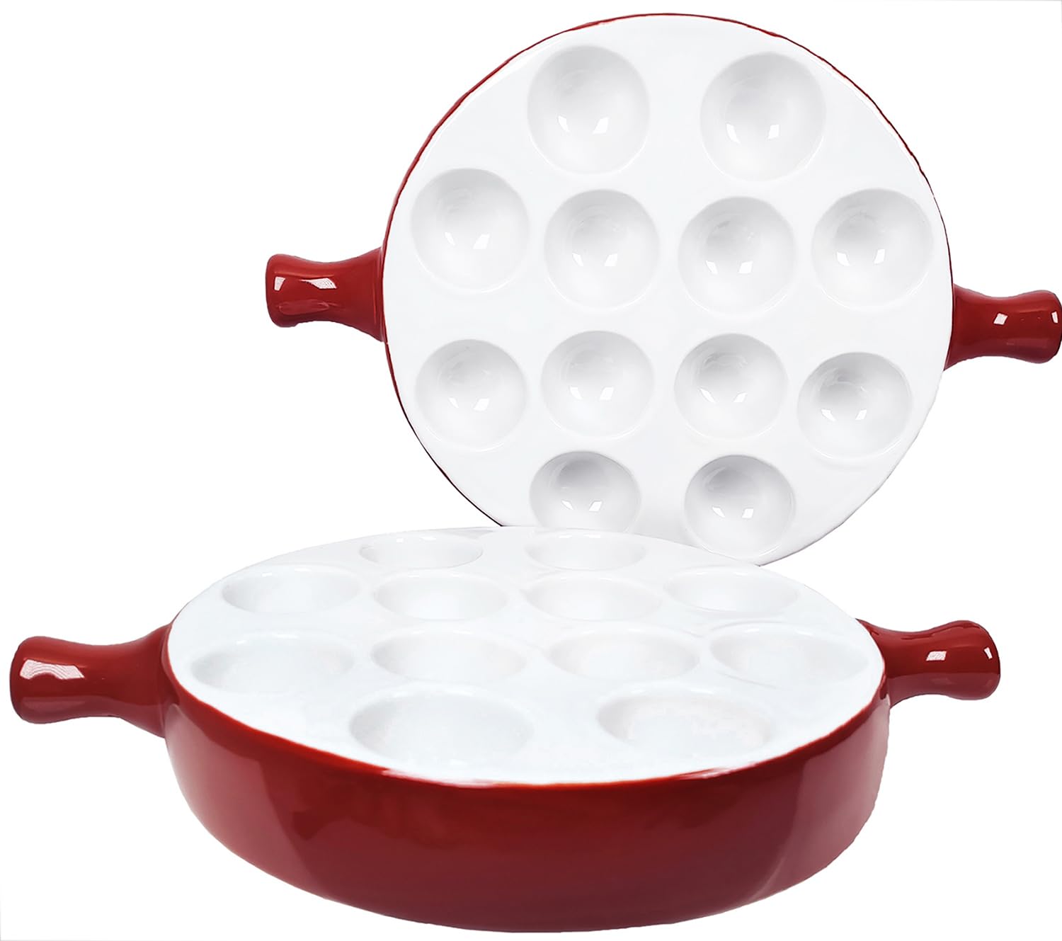 jinsongdafa Ceramic Escargot Baking Plate,for appetizers, Grilled Snails, Scallops, 2 Pieces Tableware with Handle, Oven Safe, Suitable for Homes, Restaurants, Hotels and Foodies, Brown 23.7CM